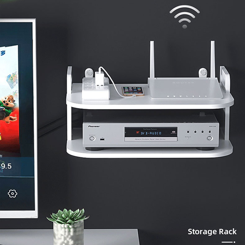 Desk Setup With Tv - Wall-Mounted Router Cable Organizer Shelf Ventilated